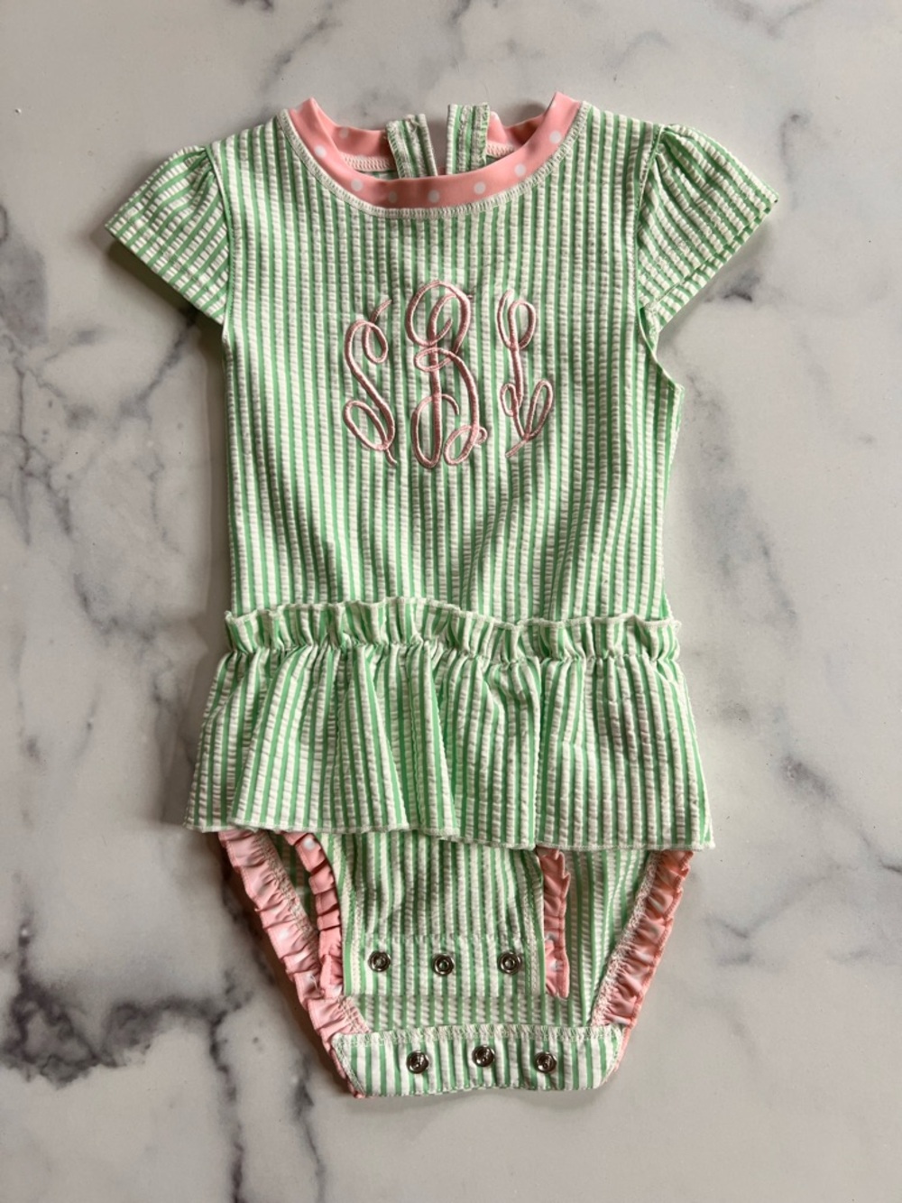 Ruffle Butts Mint Green and Pink Ruffle Trim Top